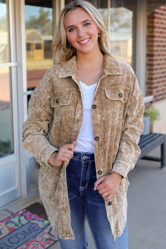 Khaki Vintage Distressed Mineral Wash Oversized Shacket Khaki 100%Cotton Jackets JT's Designer Fashion