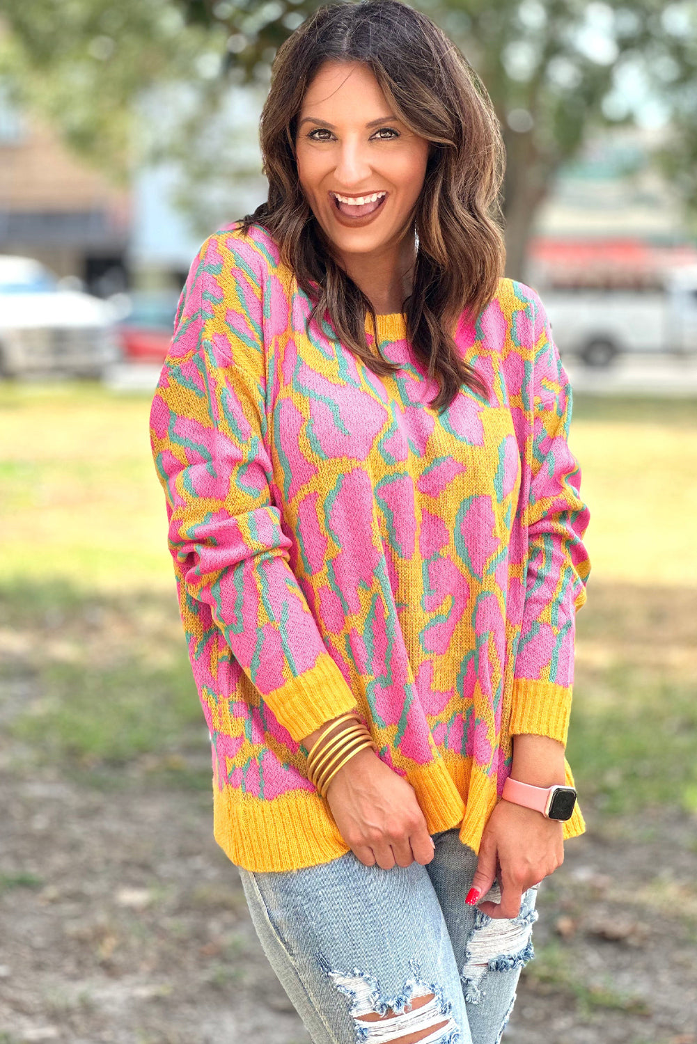 Vitality Orange Abstract Print Ribbed Trim Baggy Sweater Sweaters JT's Designer Fashion