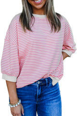 Pink Striped 3/4 Sleeve Drop Shoulder Top Long Sleeve Tops JT's Designer Fashion