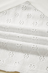 White Twisted Rib Patchwork Embroidered Loose V Neck Long Sleeve Top Blouses & Shirts JT's Designer Fashion