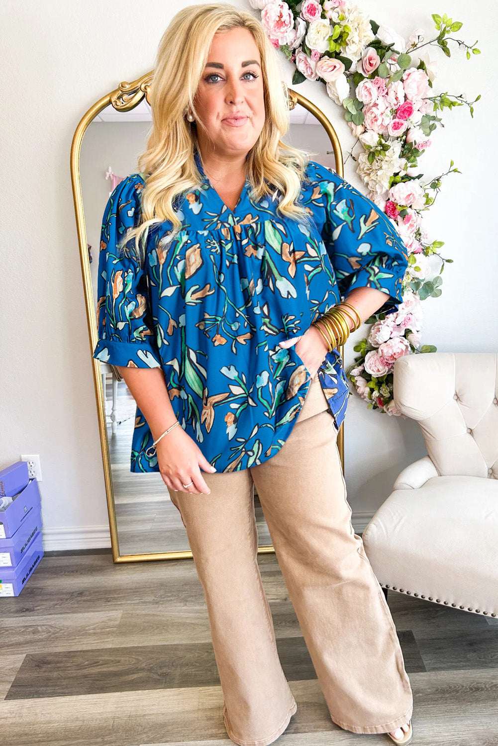 Blue Floral Notched V Neck Half Sleeve Plus Size Blouse Plus Size Blouses & Shirts JT's Designer Fashion