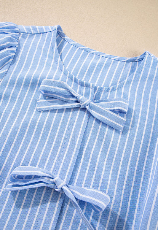 Sky Blue Striped Bowknot Detail Puffy Sleeve Top and Shorts 2Pcs Set Short Sets JT's Designer Fashion