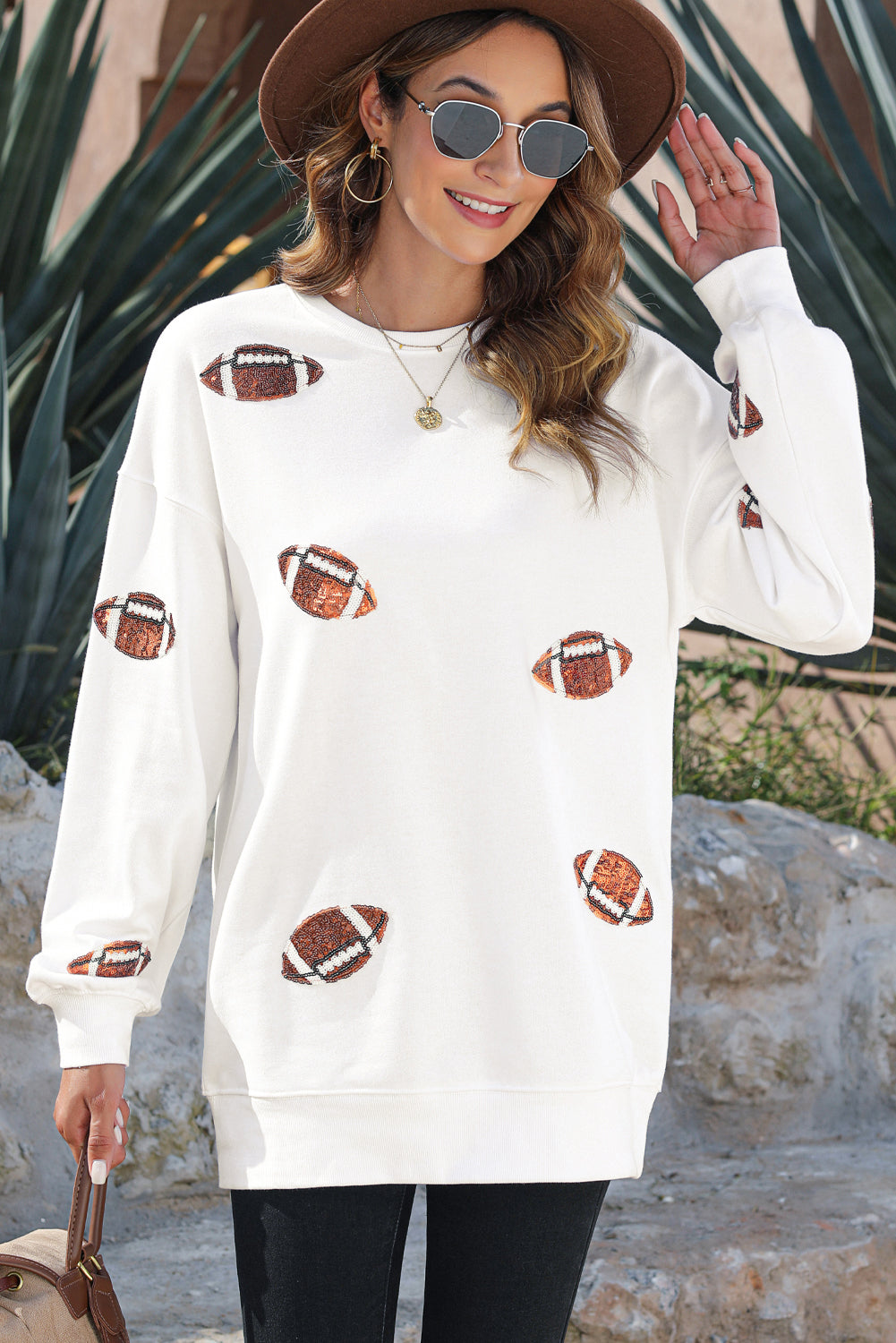 Beige Sequin Rugby Football Patched Pattern Crewneck Game Day Sweatshirt Graphic Sweatshirts JT's Designer Fashion