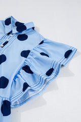 Sky Blue Polka Dot Print Ruffled Short Sleeve Buttoned Collared Blouse Blouses & Shirts JT's Designer Fashion