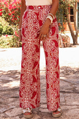 Red Paisley Printed Buttoned High Waist Straight Leg Pants Pants & Culotte JT's Designer Fashion