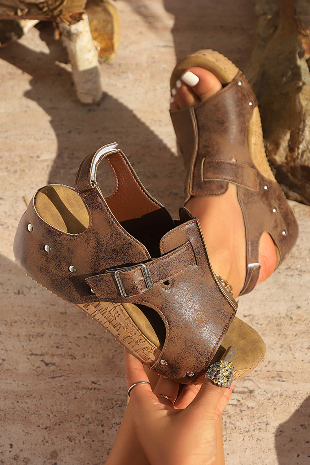 Coffee Cut Out Buckle Decor Leather Platform Sandals Sandals JT's Designer Fashion