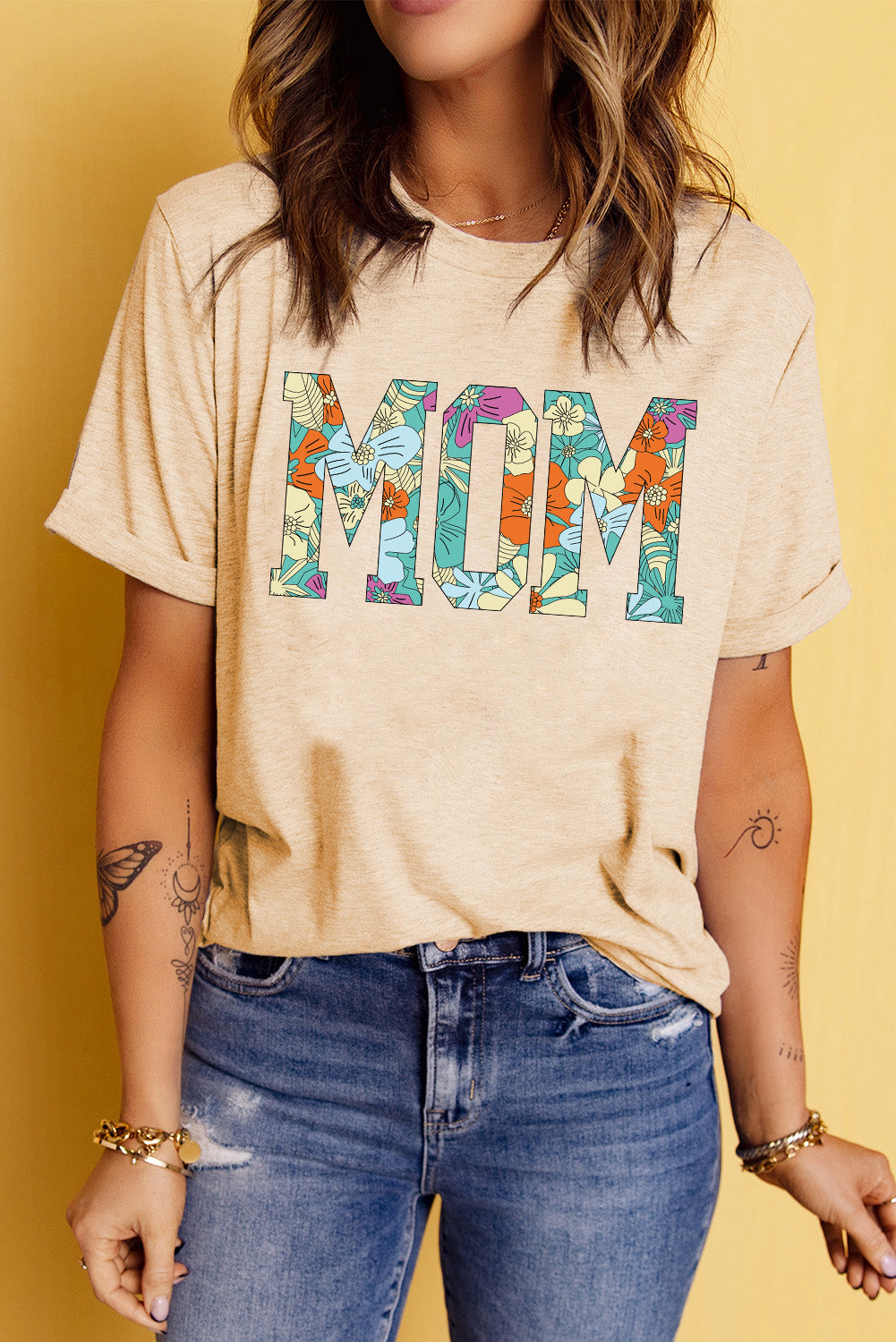 Khaki MOM Floral Letter Print T Shirt Graphic Tees JT's Designer Fashion