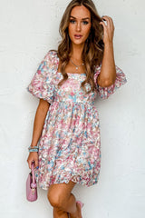 Pink Floral Puff Sleeve Square Neck Smock Ruffled Dress Floral Dresses JT's Designer Fashion