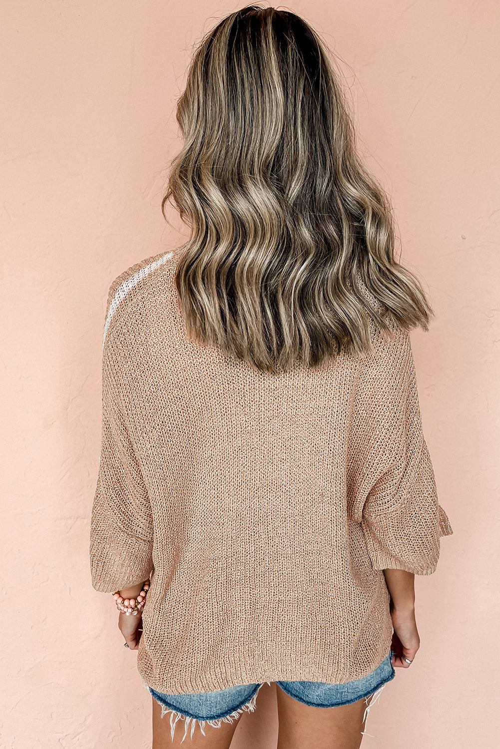 Light French Beige Contrast Striped 3/4 Sleeve Crew Neck Sweater Sweaters JT's Designer Fashion