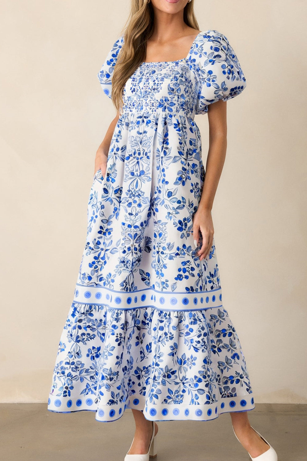 Sky Blue Floral Print Square Neck Bubble Sleeve High Waist Long Dress Maxi Dresses JT's Designer Fashion