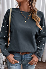 Dark Grey Bead Studded Sleeve Corded Drop Shoulder Sweatshirt Graphic Sweatshirts JT's Designer Fashion