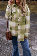 Sage Green Plaid Print Buttoned Flap Pockets Baggy Shacket Plaid Shackets JT's Designer Fashion