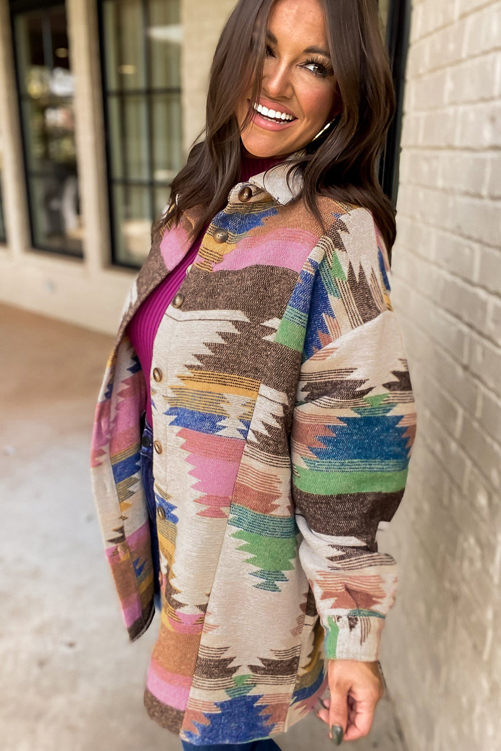 White Aztec Print Button Up Shacket Jackets JT's Designer Fashion