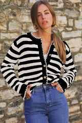 White Stripe Chic Golden Button Cardigan Sweater Cardigans JT's Designer Fashion