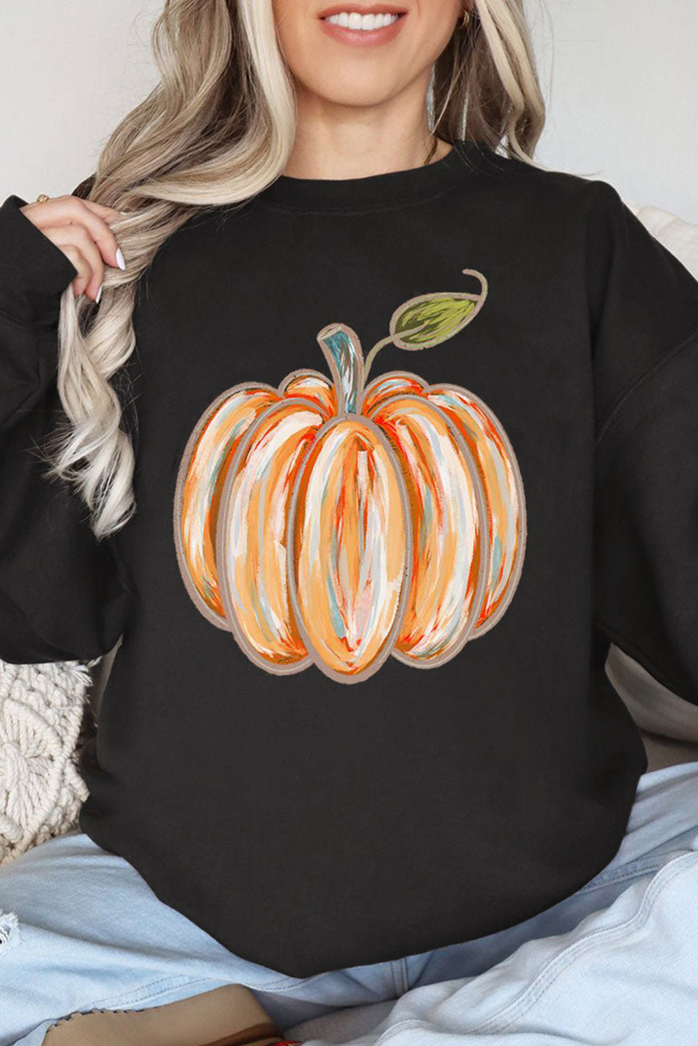 Black Thanksgiving Pumpkin Graphic Drop Shoulder Sweatshirt Graphic Sweatshirts JT's Designer Fashion
