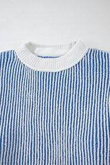 Dark Blue Striped Textured Knit Contrast Edge Loose Sweater Sweaters JT's Designer Fashion
