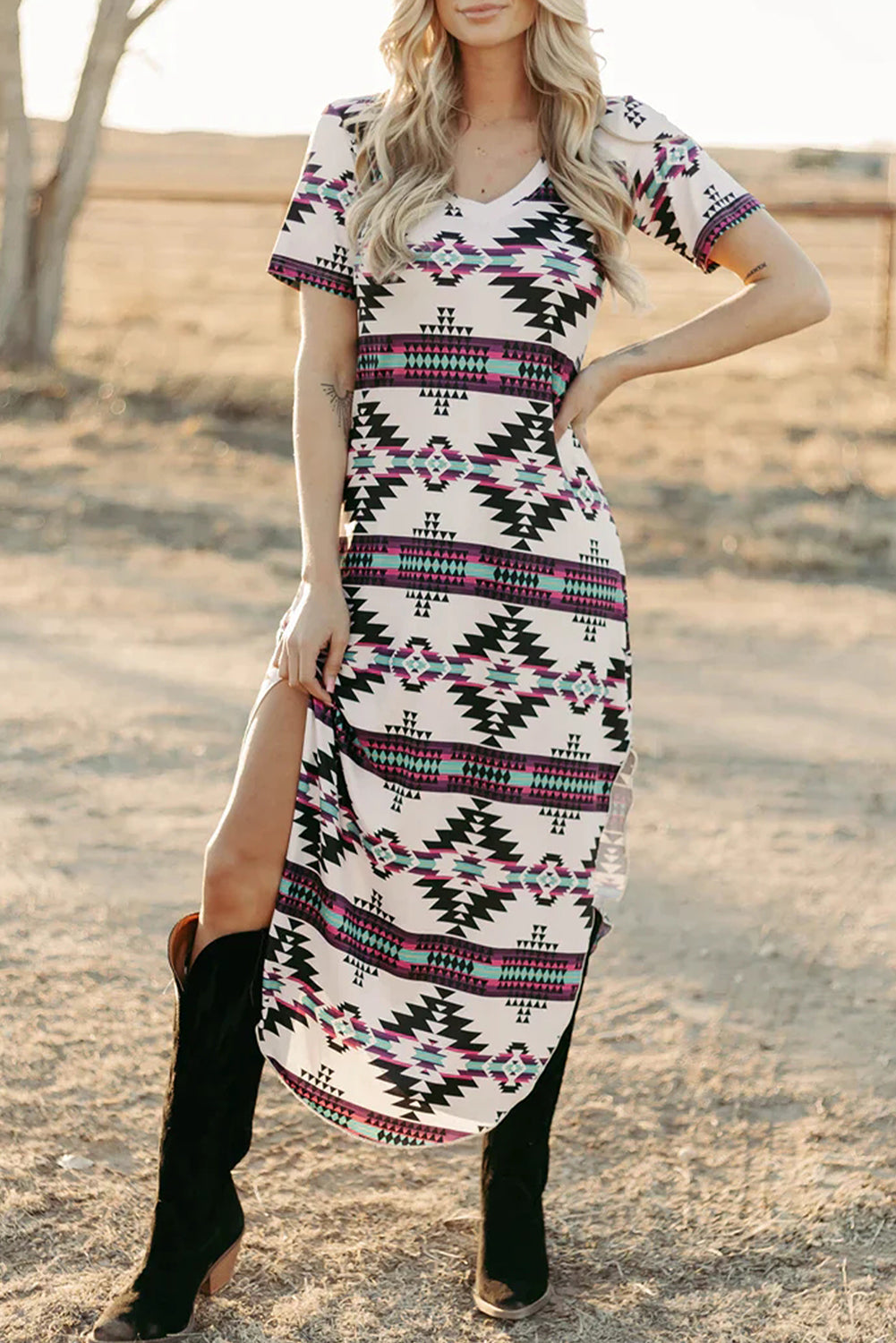 Beige Western Aztec Printed Long T-shirt Dress T Shirt Dresses JT's Designer Fashion