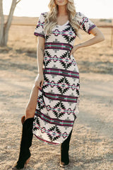 Beige Western Aztec Printed Long T-shirt Dress T Shirt Dresses JT's Designer Fashion