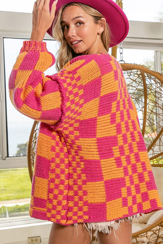 Multicolor Open Front Mixed Checkered Pattern Knit Cardigan Sweaters & Cardigans JT's Designer Fashion