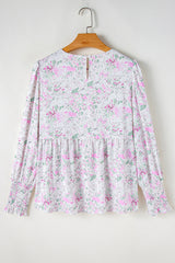 Pink Floral Print Shirred Balloon Sleeve Keyhole Back Babydoll Blouse Blouses & Shirts JT's Designer Fashion