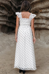 White Polka Dot Flutter Sleeve Square Neck Smocked Long Dress Maxi Dresses JT's Designer Fashion