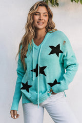 Green V Neck Star Pattern Hooded Sweater with Slits Sweaters & Cardigans JT's Designer Fashion