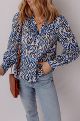Blue Bohemian Print Embroidered V Neckline Detail Long Sleeve Shirt Blouses & Shirts JT's Designer Fashion