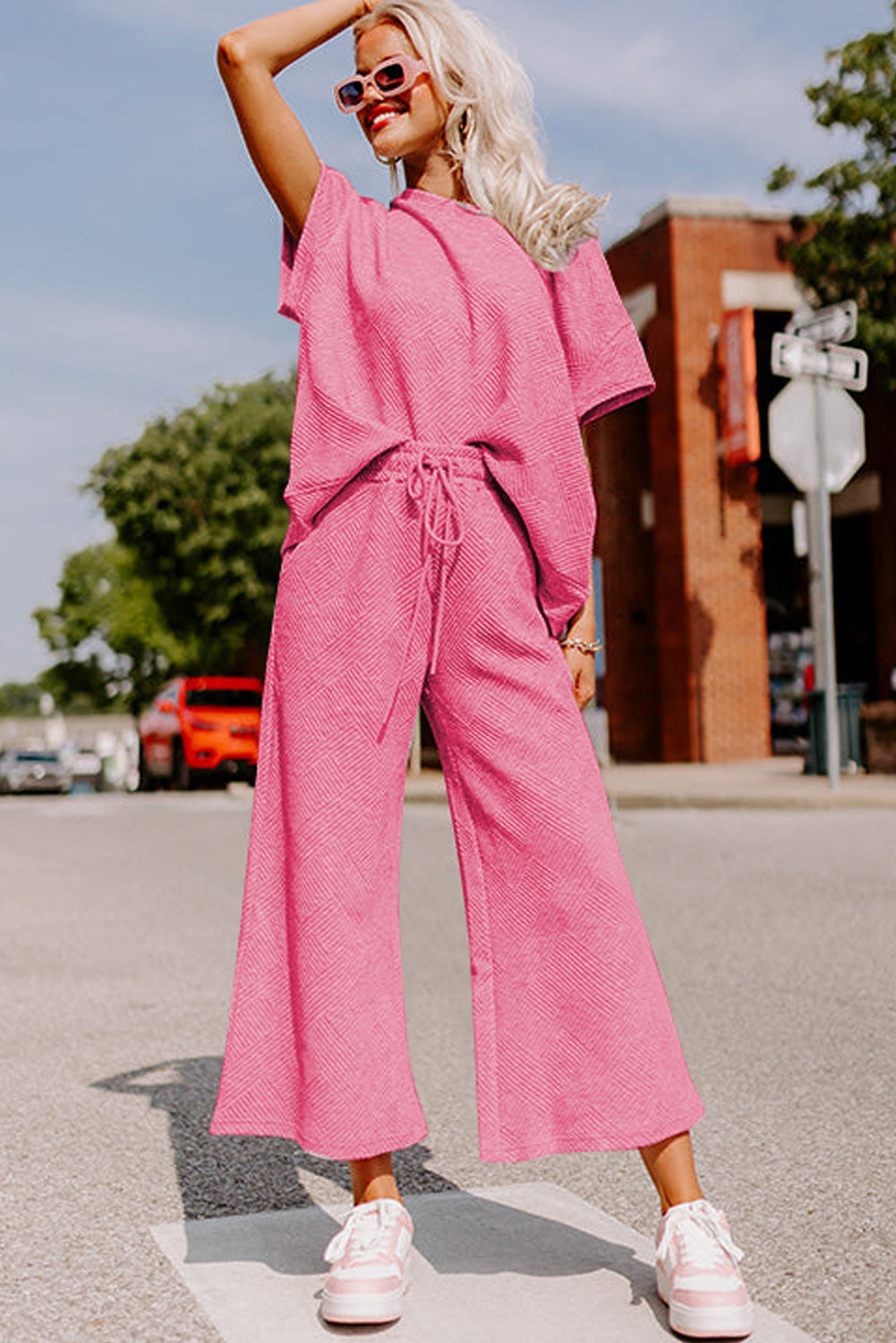 Strawberry Pink Textured Loose Fit T Shirt and Drawstring Pants Set Bottoms JT's Designer Fashion