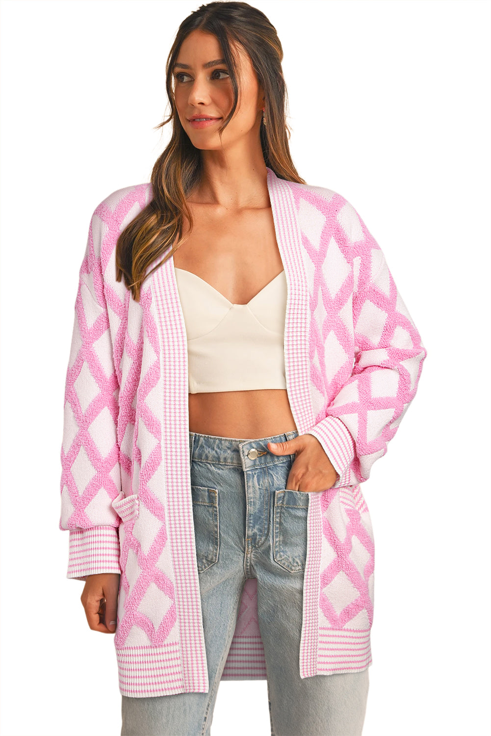 Pink Rhombus Pattern Knit Open Front Pocketed Cardigans Cardigans JT's Designer Fashion