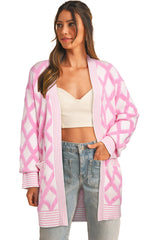 Pink Rhombus Pattern Knit Open Front Pocketed Cardigans Cardigans JT's Designer Fashion
