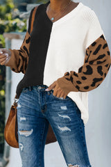Leopard Print Contrast Color V Neck Sweater Sweaters & Cardigans JT's Designer Fashion