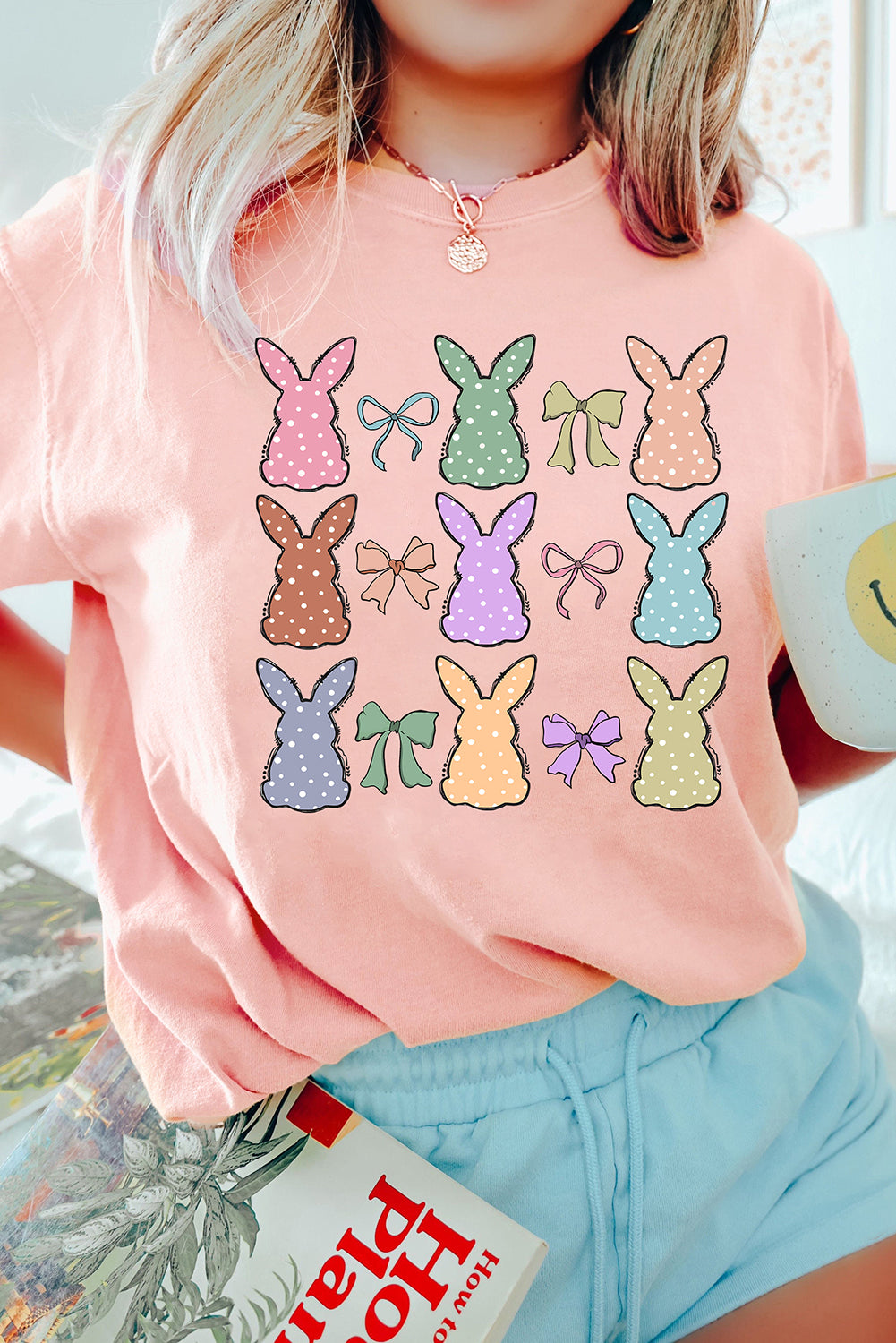 Pink Dotty Bunny Bow Printed Easter Day Fashion T Shirt Graphic Tees JT's Designer Fashion