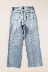Light Blue Acid Wash Raw Edge Straight Jeans Jeans JT's Designer Fashion