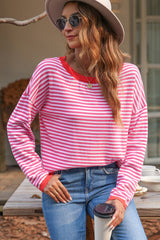 Pink Contrast Trimmed Striped Drop Shoulder Sweater Sweaters JT's Designer Fashion
