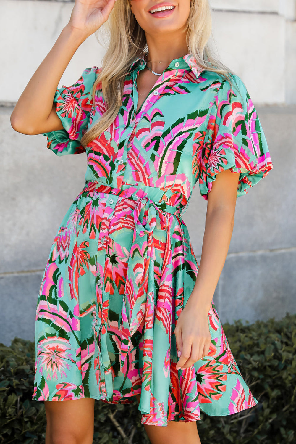 Green Abstract Print Lace-up High Waist Buttoned Mini Dress Mini Dresses JT's Designer Fashion