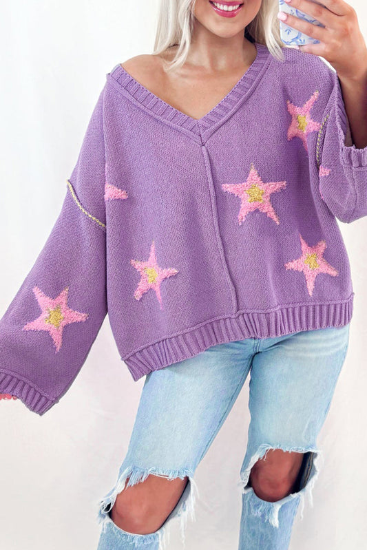 Lavendula Brushed Star Graphic V Neck Drop Shoulder Oversize Sweater Sweaters JT's Designer Fashion