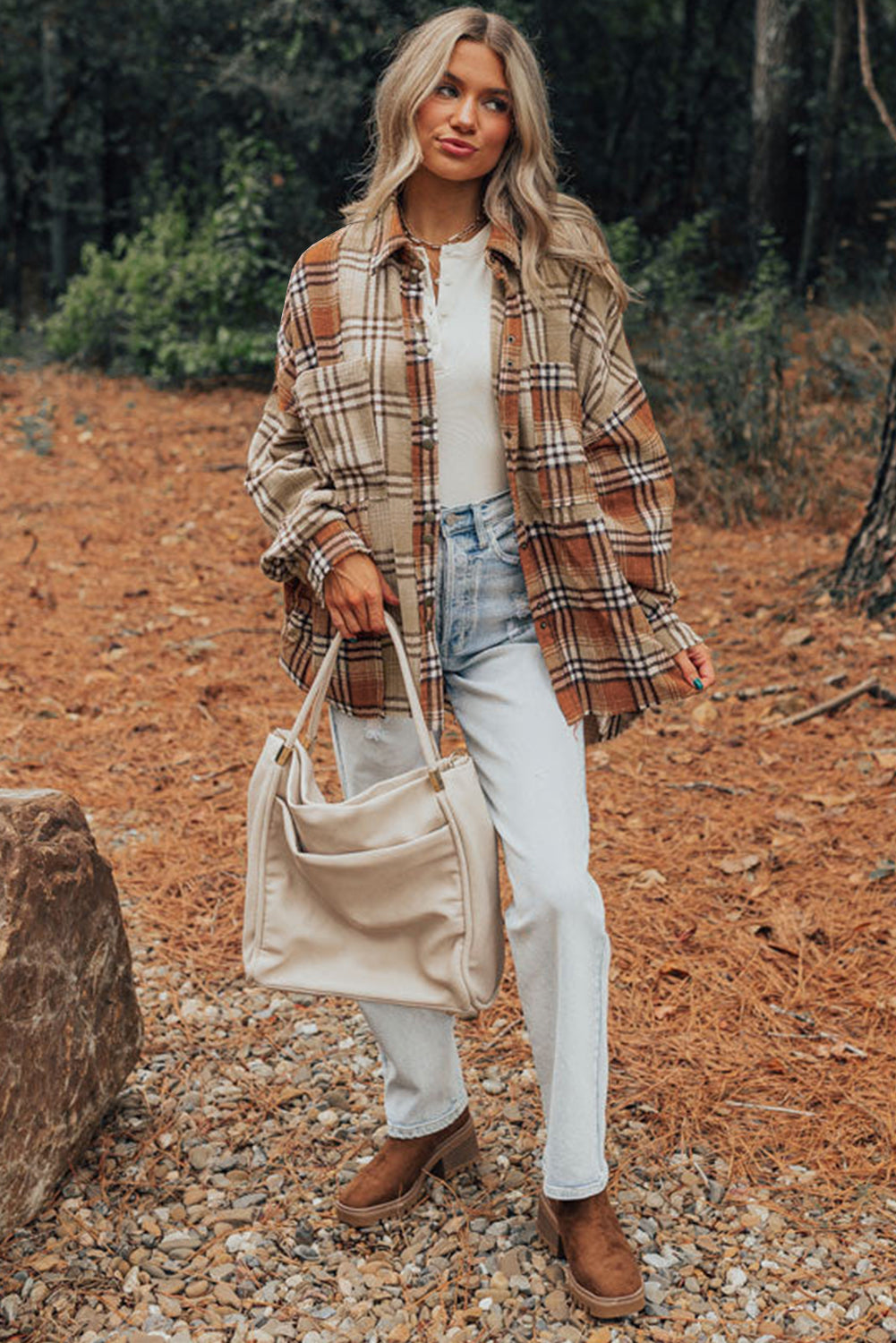 Khaki Plaid Colorblock Patchwork High Low Shacket Plaid Shackets JT's Designer Fashion