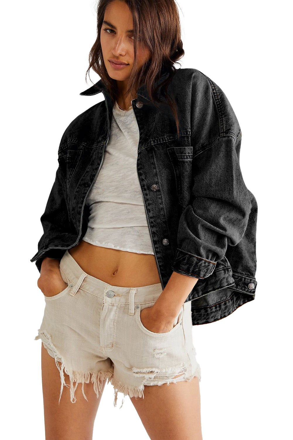 Black Washed Oversize Pocketed Denim Jacket Denim Jackets JT's Designer Fashion