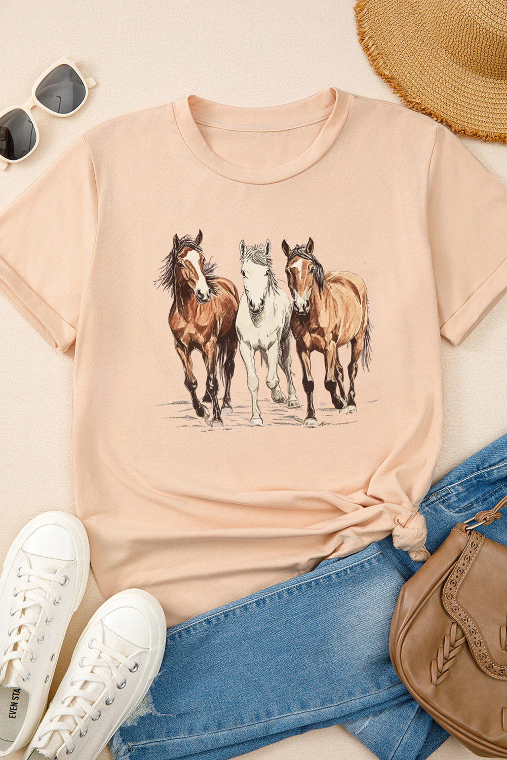 Khaki Gallant Horses Printed Casual T Shirt Graphic Tees JT's Designer Fashion