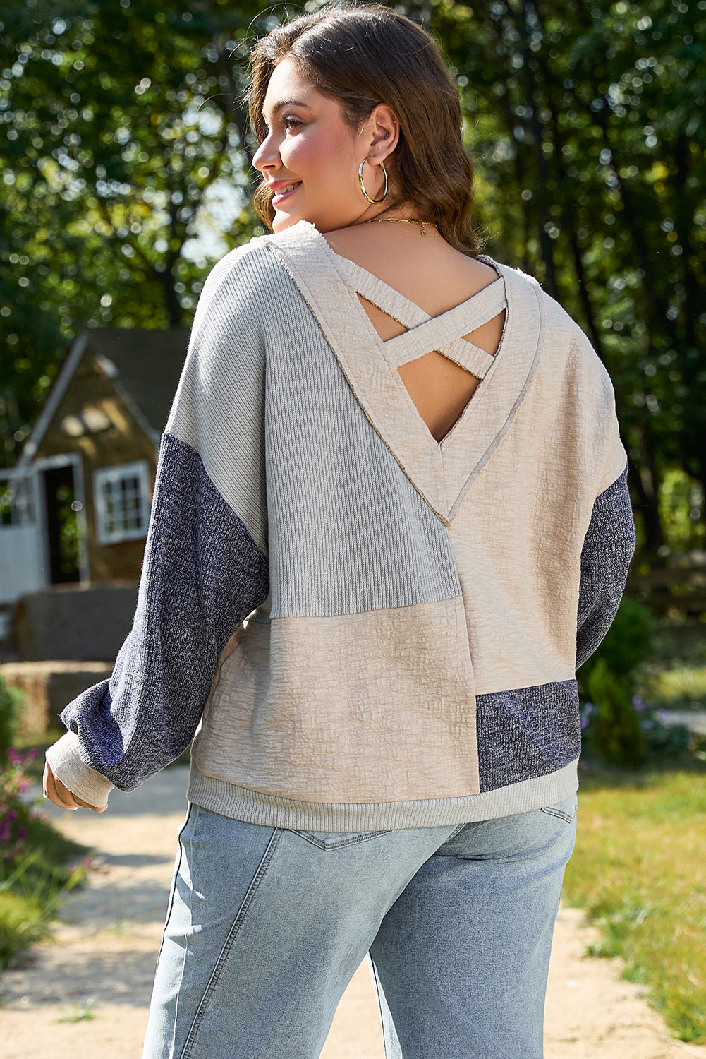Ashleigh Blue Plus Size Textured Colorblock Patchwork V Neck Top Plus Size Long Sleeve Tops JT's Designer Fashion