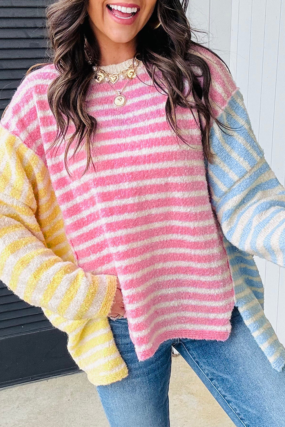 Multicolour Color Block Striped Patchwork Dolman Sleeve Slit Sweater Sweaters JT's Designer Fashion