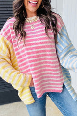 Multicolour Color Block Striped Patchwork Dolman Sleeve Slit Sweater Sweaters JT's Designer Fashion