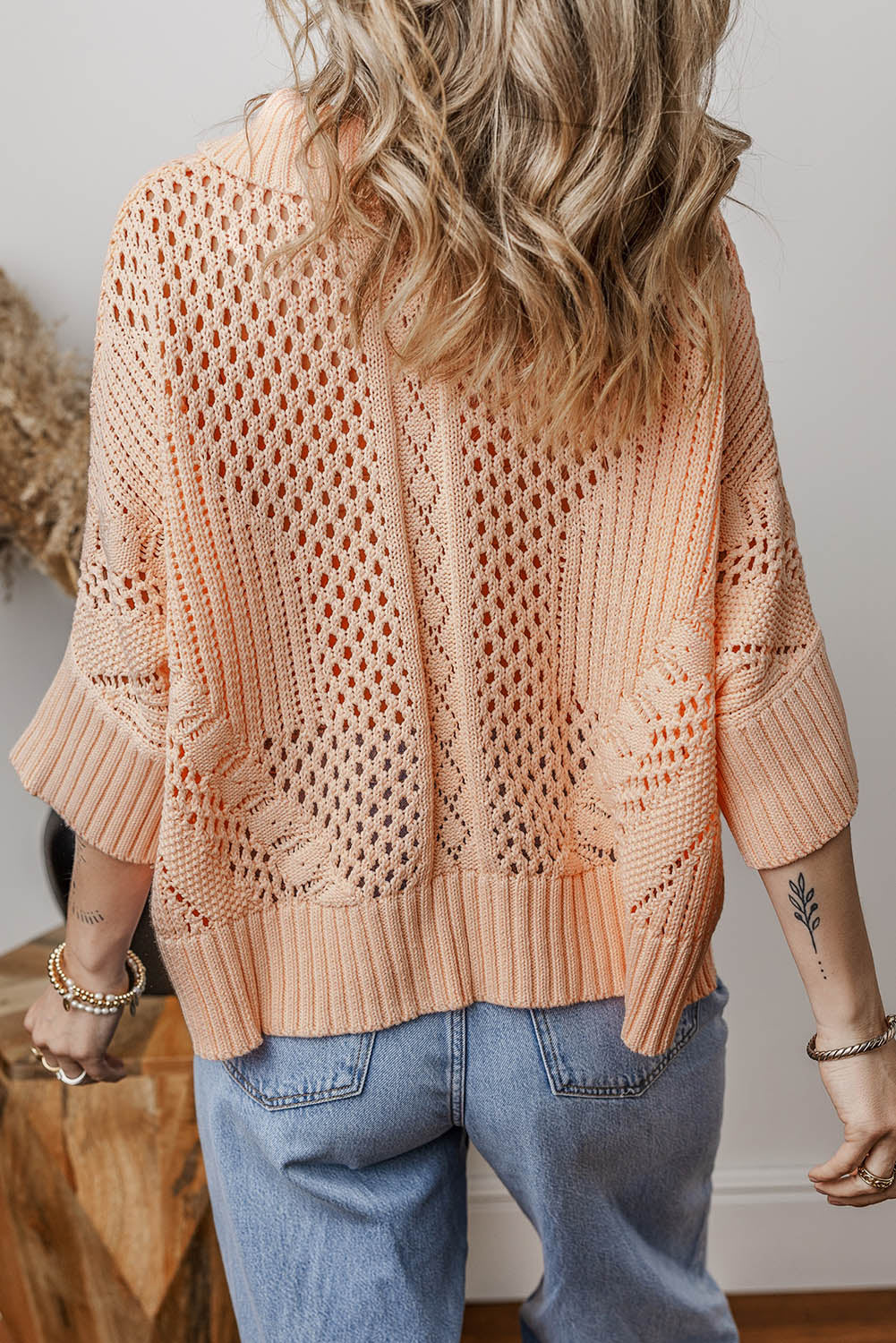 Apricot Pink Hollowed Knit 3/4 Dolman Sleeve Buttoned Collared Sweater Cardigans JT's Designer Fashion