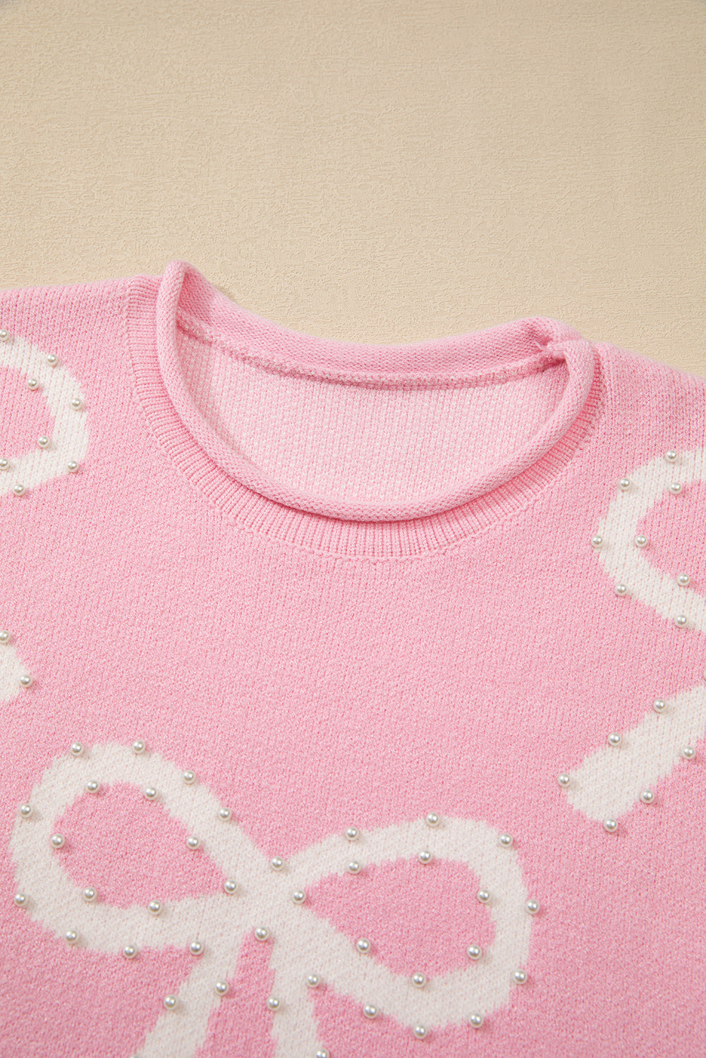 Pink Pearl Beaded Bowknot Pattern Distressed Split Hem Sweater Sweaters JT's Designer Fashion