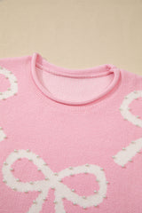 Pink Pearl Beaded Bowknot Pattern Distressed Split Hem Sweater Sweaters JT's Designer Fashion
