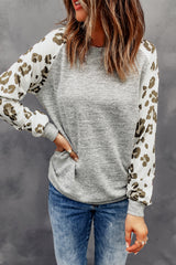 Gray Round Neck Leopard Long Sleeve Top Long Sleeve Tops JT's Designer Fashion