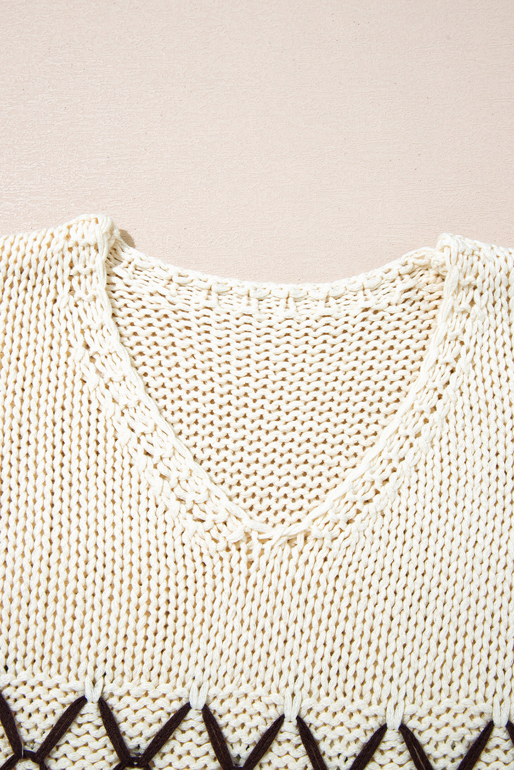 Parchment Contrast Stitch Detail V Neck Drop Shoulder Sweater Sweaters JT's Designer Fashion