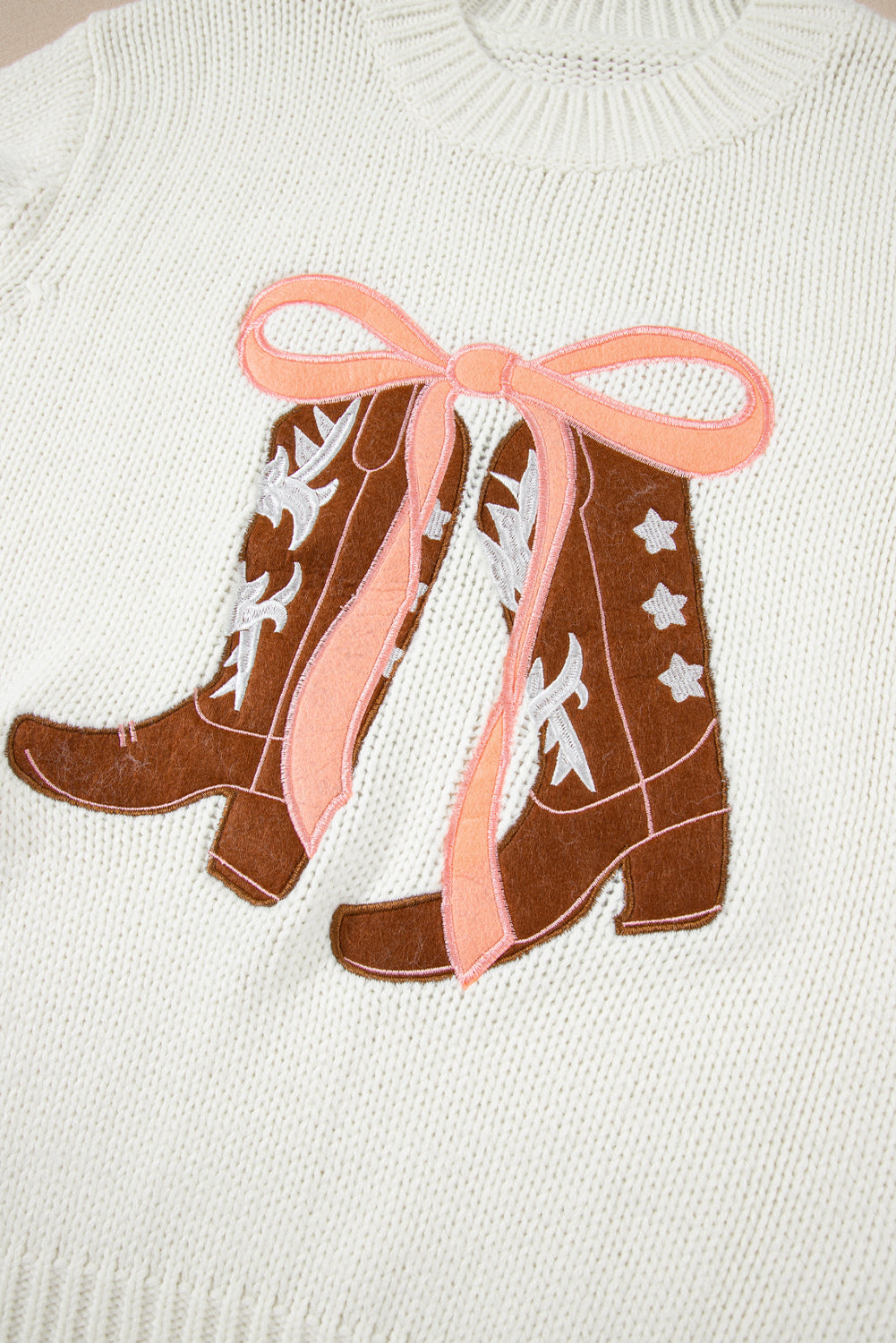 White Embroidered Bow Boots Graphic Drop Shoulder Sweater Sweaters JT's Designer Fashion