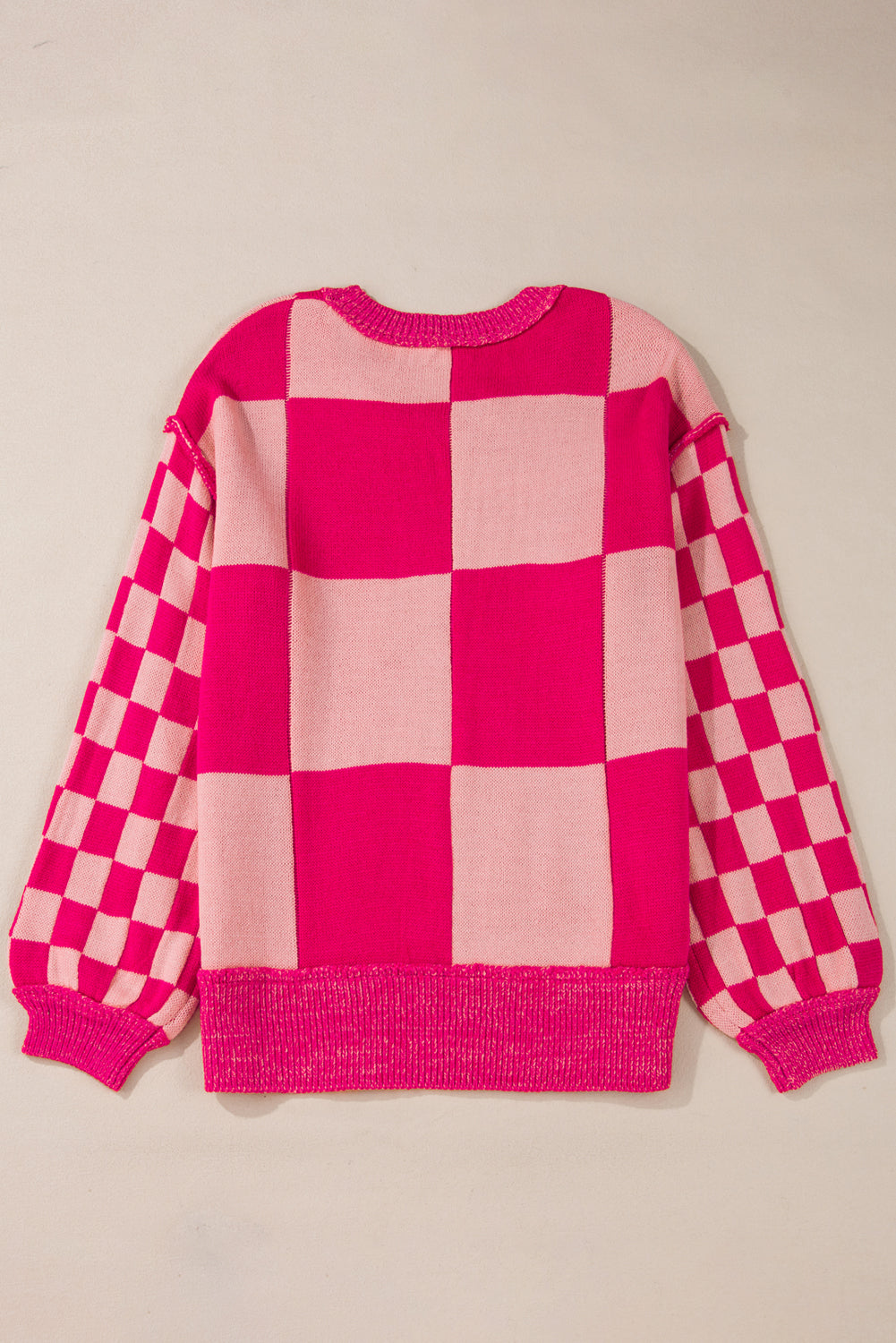 Rose Red Mixed Checkered Pattern Drop Shoulder Loose Sweater Sweaters JT's Designer Fashion