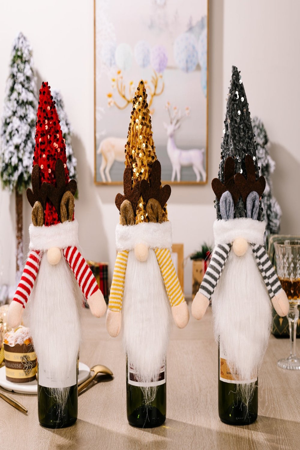 Sequin Pointed Hat Faceless Gnome Wine Bottle Cover Home Accessories JT's Designer Fashion
